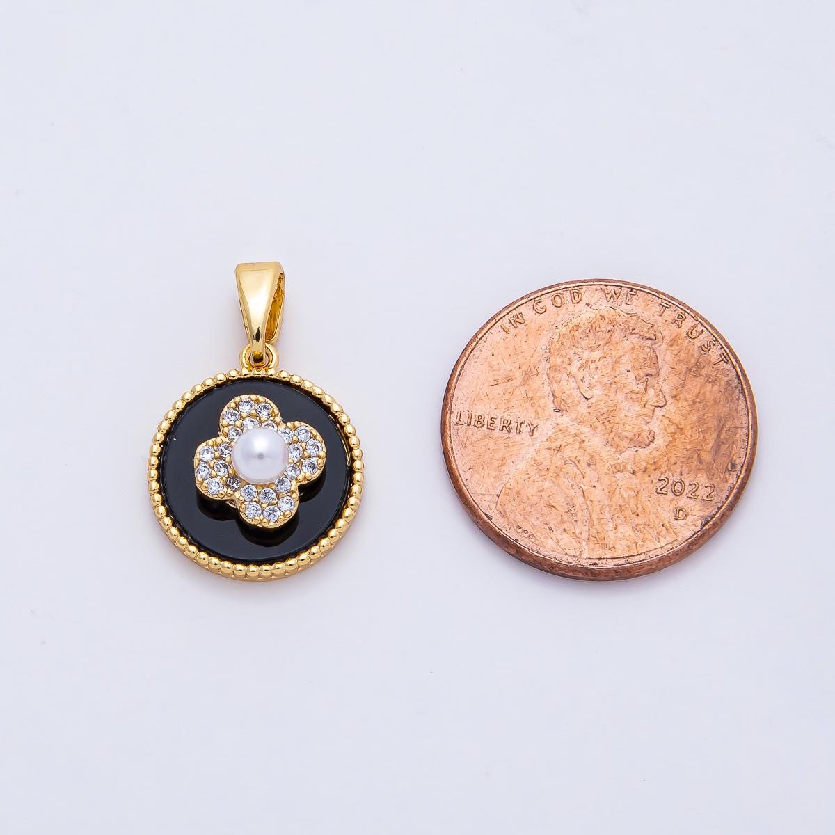 18K Gold Filled 14.8mm Black Spinning Clover Shell Pearl Pendant Good Luck Charm Clover Necklace Bracelet Jewelry Making Supply | AF1169