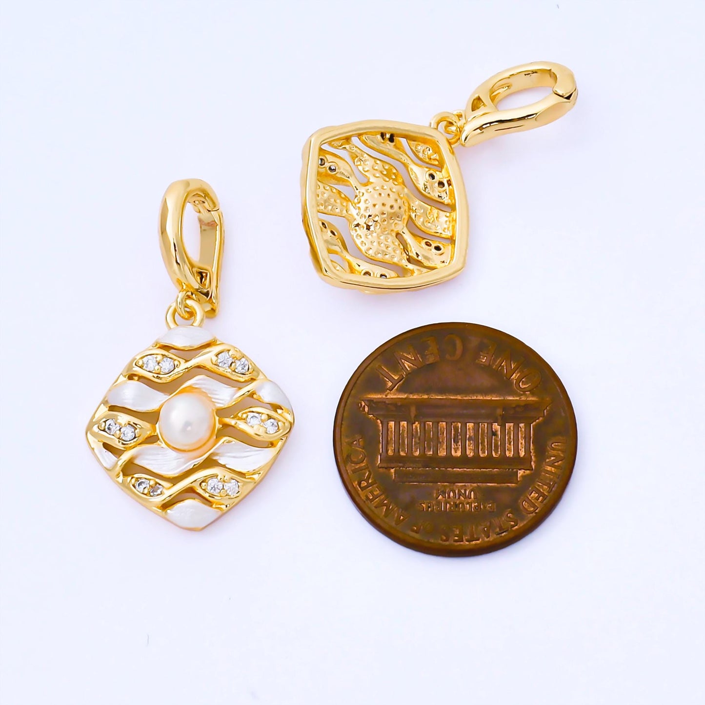 24K Gold Filled 18mm Micro Paved CZ Shell Pearl Wavy Rhombus Tag Pendant | AA1655