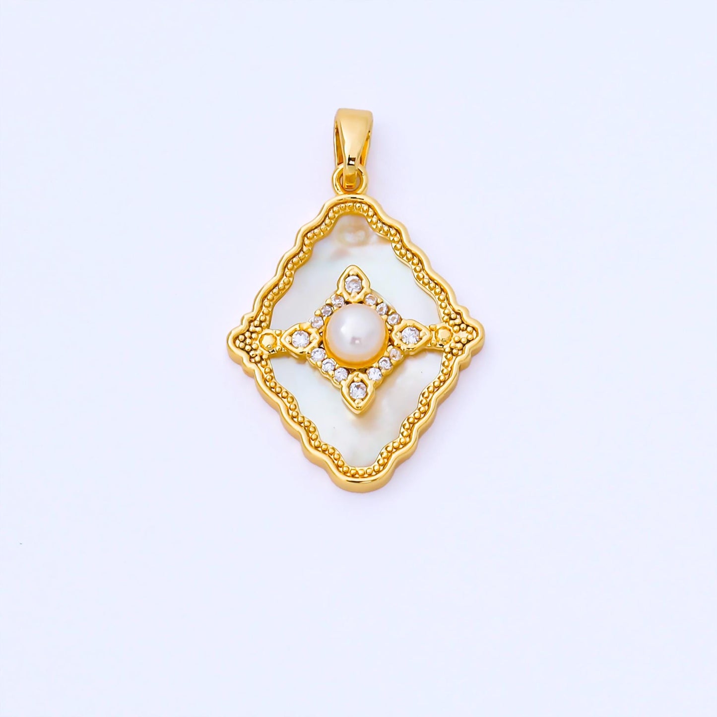 24K Gold Filled 24mm Micro Paved CZ Mother of Pearl Dazzling Rhombus Pendant | AA-1653