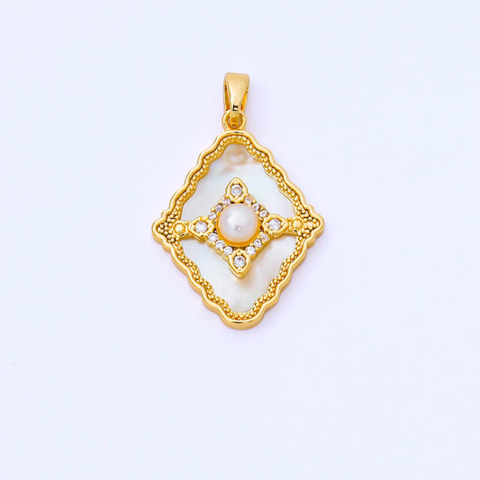 24K Gold Filled 24mm Micro Paved CZ Mother of Pearl Dazzling Rhombus Pendant | AA-1653