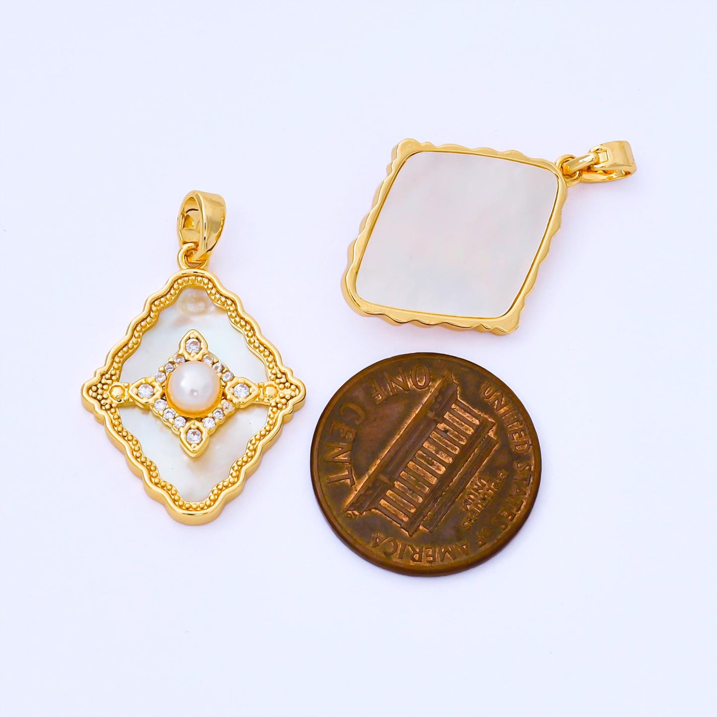 24K Gold Filled 24mm Micro Paved CZ Mother of Pearl Dazzling Rhombus Pendant | AA-1653
