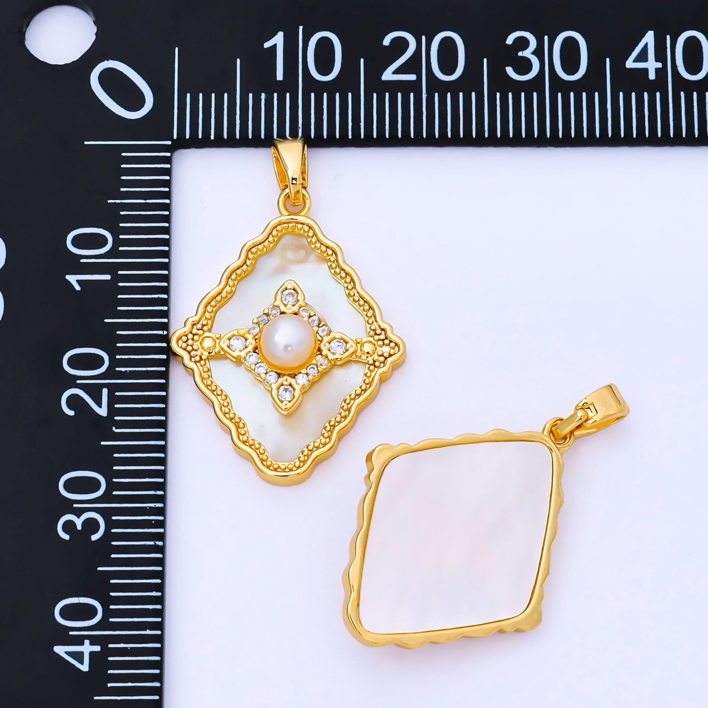 24K Gold Filled 24mm Micro Paved CZ Mother of Pearl Dazzling Rhombus Pendant | AA-1653