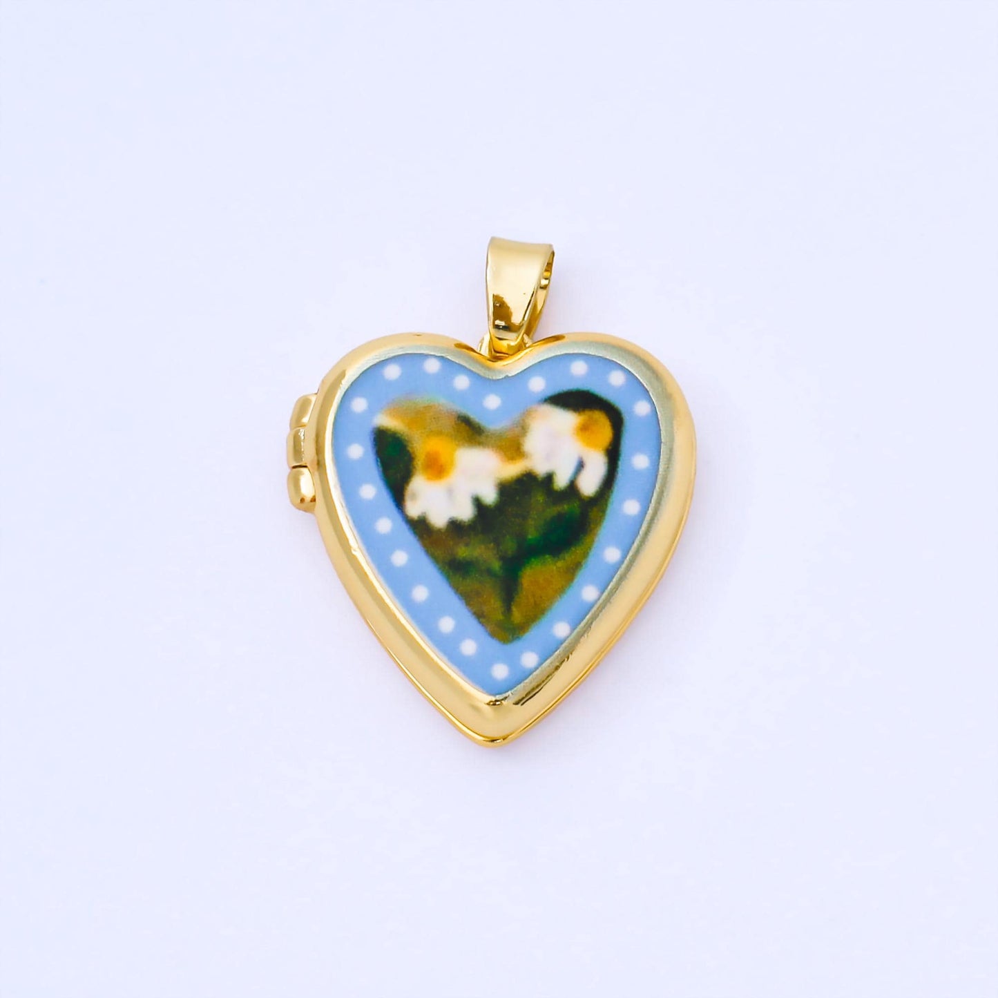 24K Gold Filled 22mm Hand-Painted Enamel Heart-Shaped Locket Flower Pendant | AA1613 ~ AA1617
