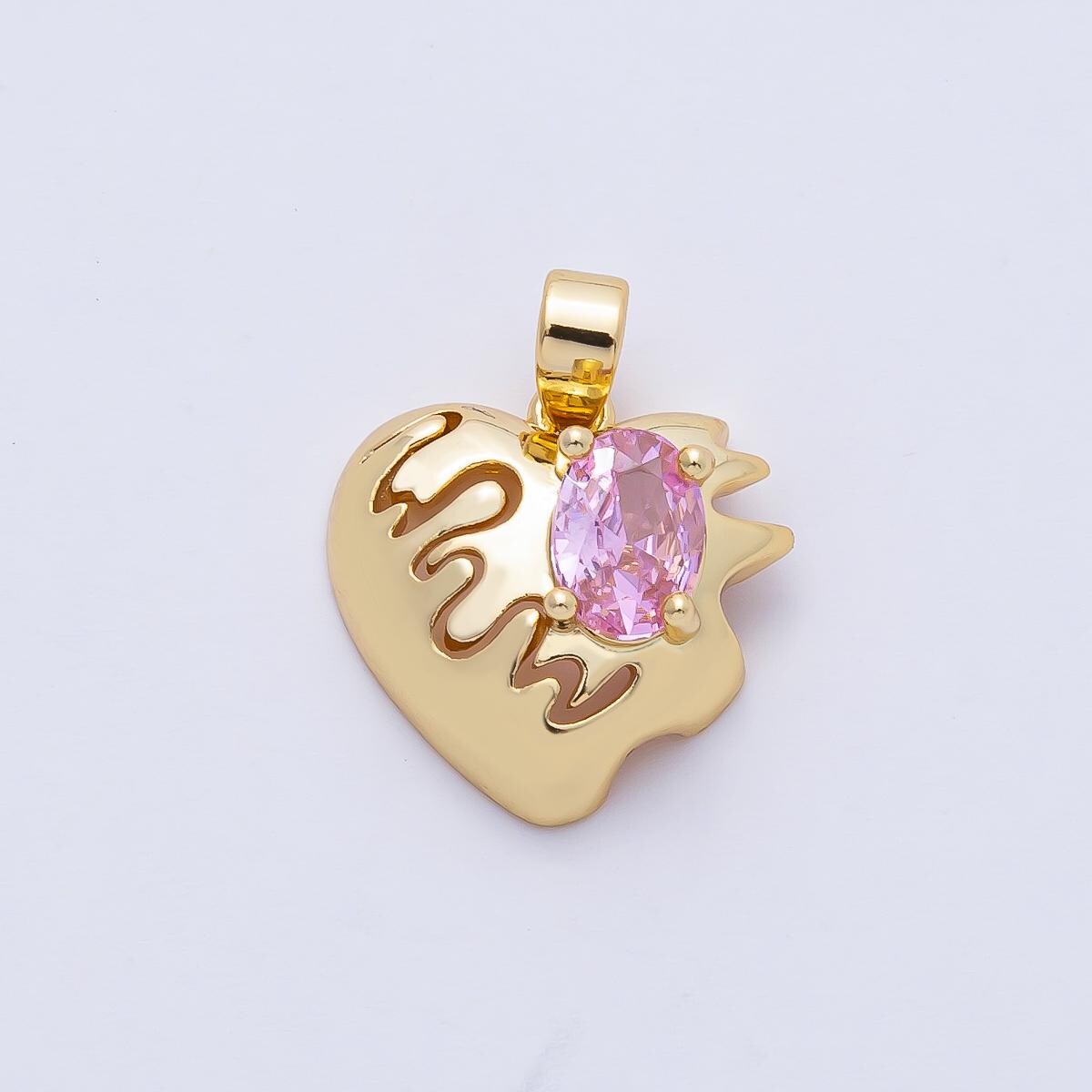 18K Gold Filled 15mm Pulse Heartbeat with Pink Oval CZ Heart Pendant Charm Drip Heart Necklace Pink Crystal Pendant Jewelry Gift | AF1178