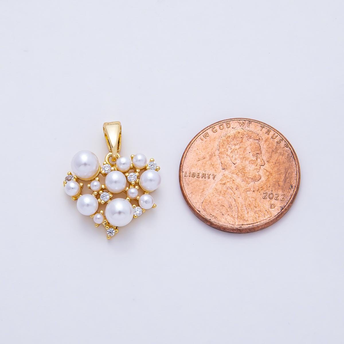 18K Gold Filled 14.3mm Mix Shell Pearl and CZ Dotted Heart Pendant Charm Cluster Pearl Charm Necklace Elegant Jewelry Gift DIY | AF1180