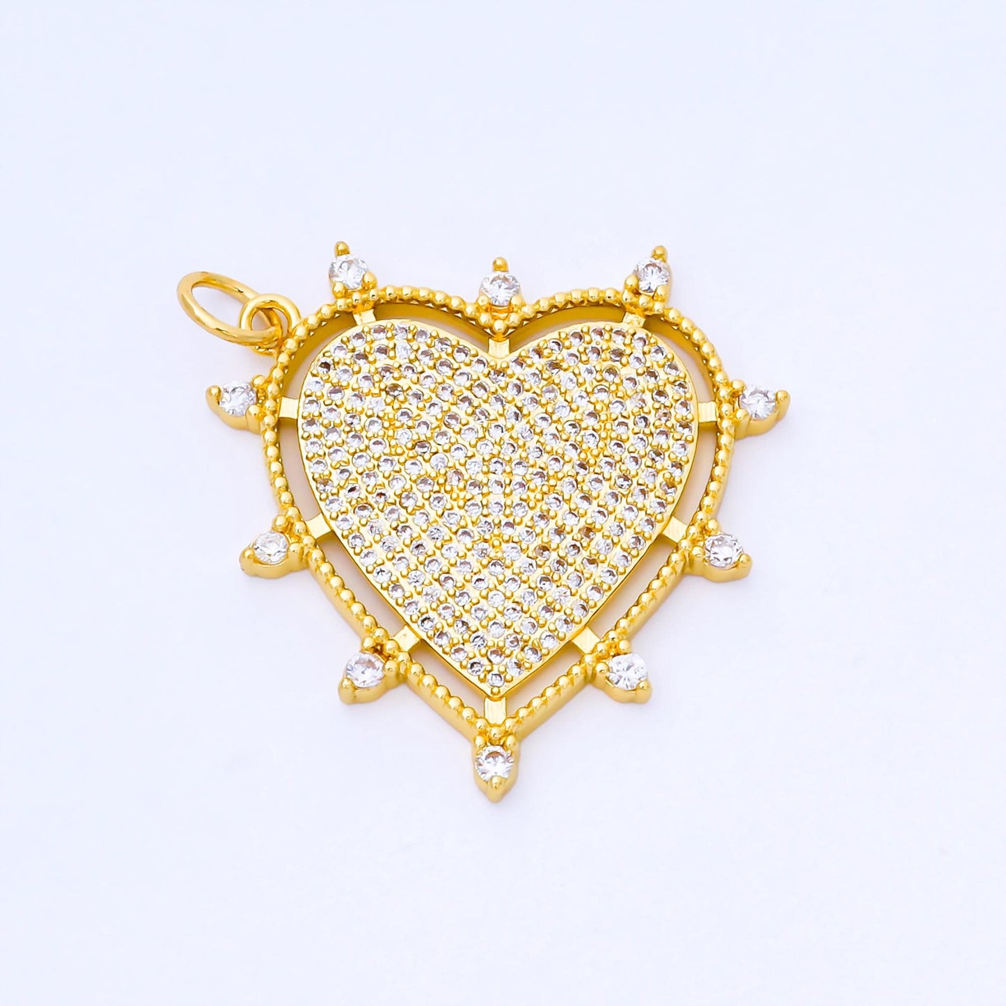 24K Gold Filled 30mm Micro Paved CZ Dotted Outline Heart Charm | AF1553