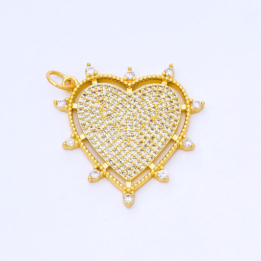 24K Gold Filled 30mm Micro Paved CZ Dotted Outline Heart Charm | AF1553