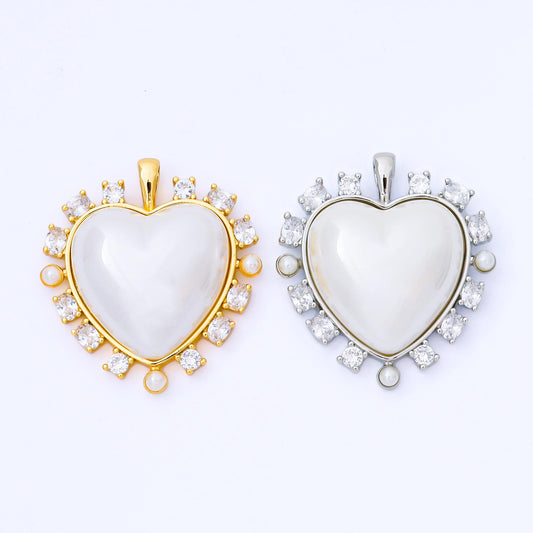 24K Gold Filled 35mm Shell Pearl CZ Cluster Outline Pendant in Gold & Silver | AA-1658, AA-1689