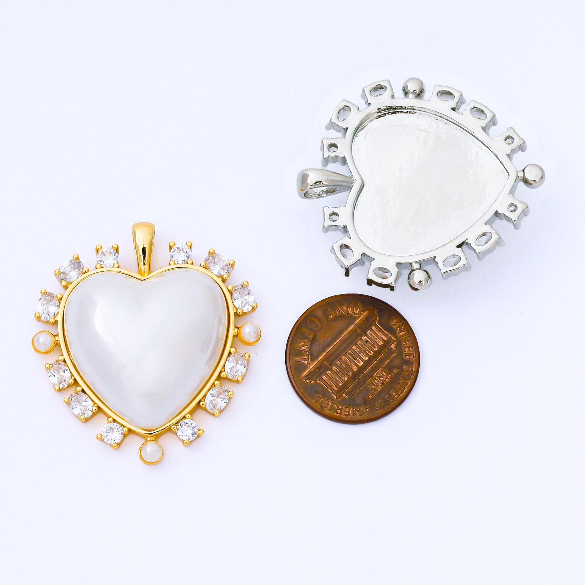 24K Gold Filled 35mm Shell Pearl CZ Cluster Outline Pendant in Gold & Silver | AA-1658, AA-1689