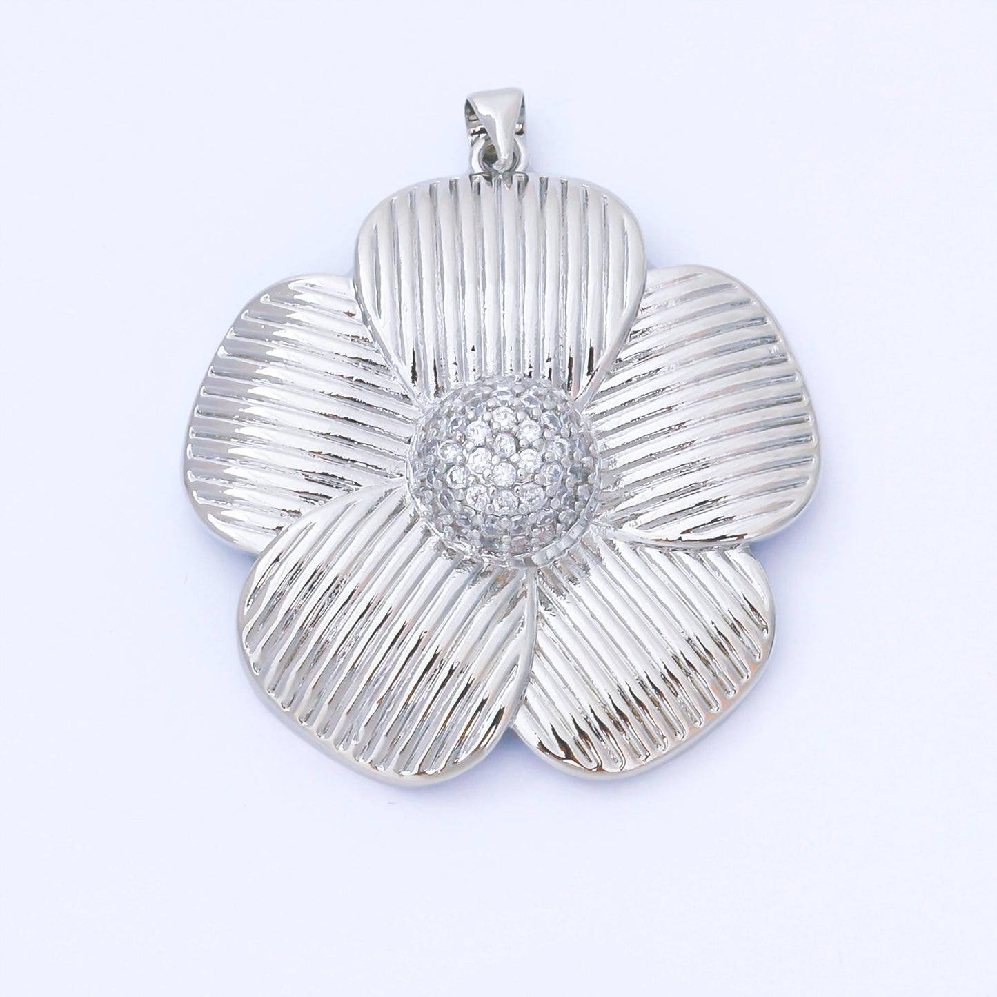 24K Gold Filled 41mm Micro Paved CZ Ribbed Flower Pendant in Gold & Silver | AA1657 AA1660