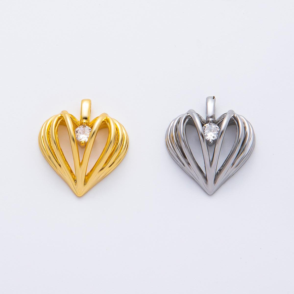 18K Gold Filled 16.2mm CZ Ribbed Geometric Heart Charm in Gold & Silver | AF1356
