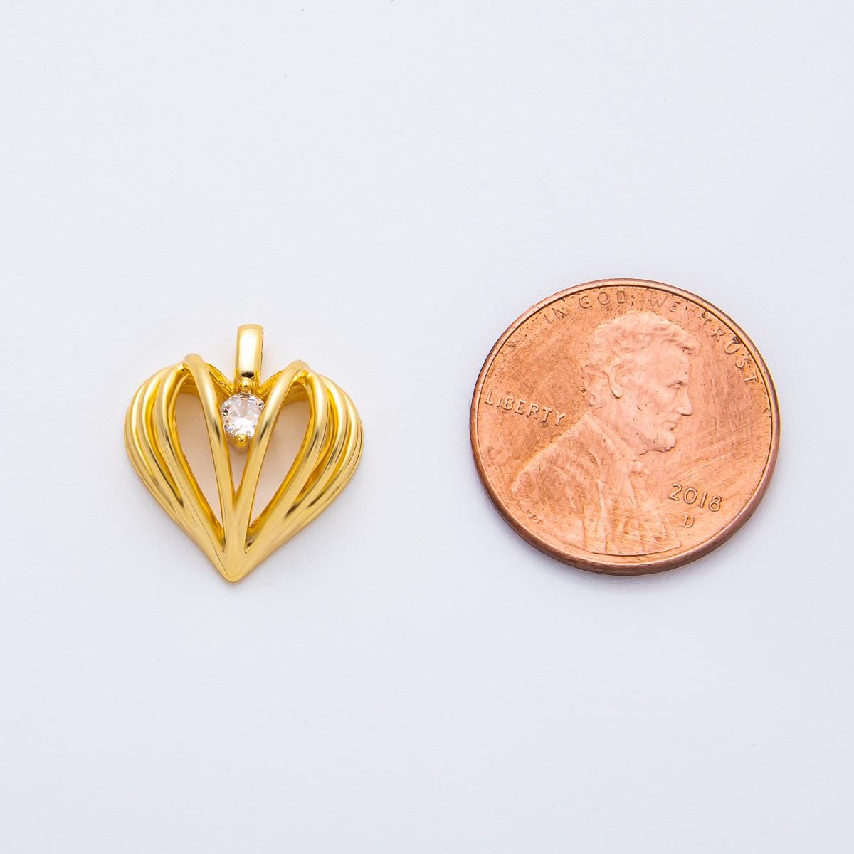 18K Gold Filled 16.2mm CZ Ribbed Geometric Heart Charm in Gold & Silver | AF1356