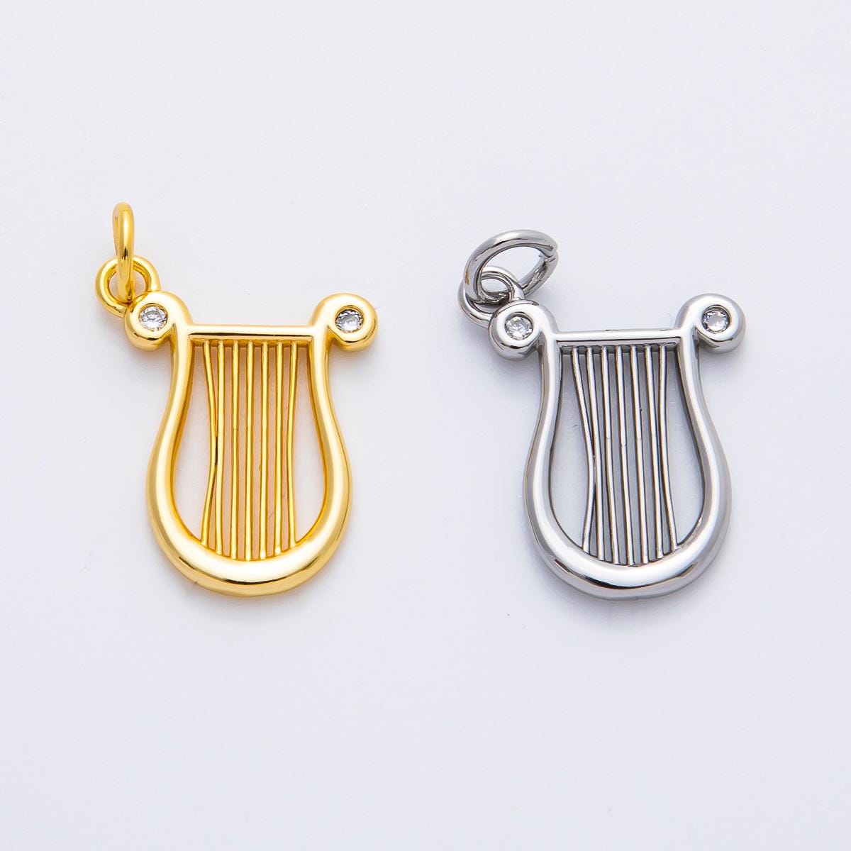 18K Gold Filled 21mm CZ Harp Musical Instrument Charm in Gold & Silver | AF1357