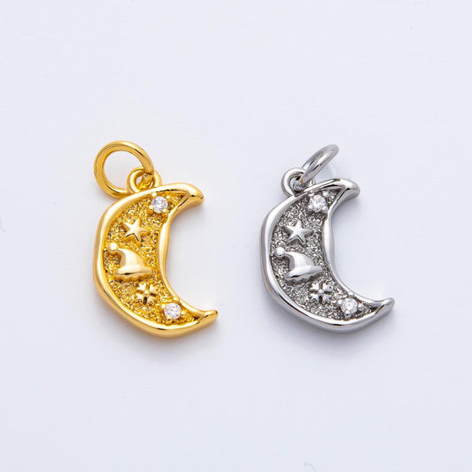 18K Gold Filled 18mm CZ Hat Star Celestial Crescent Moon Charm in Gold & Silver | AF1359