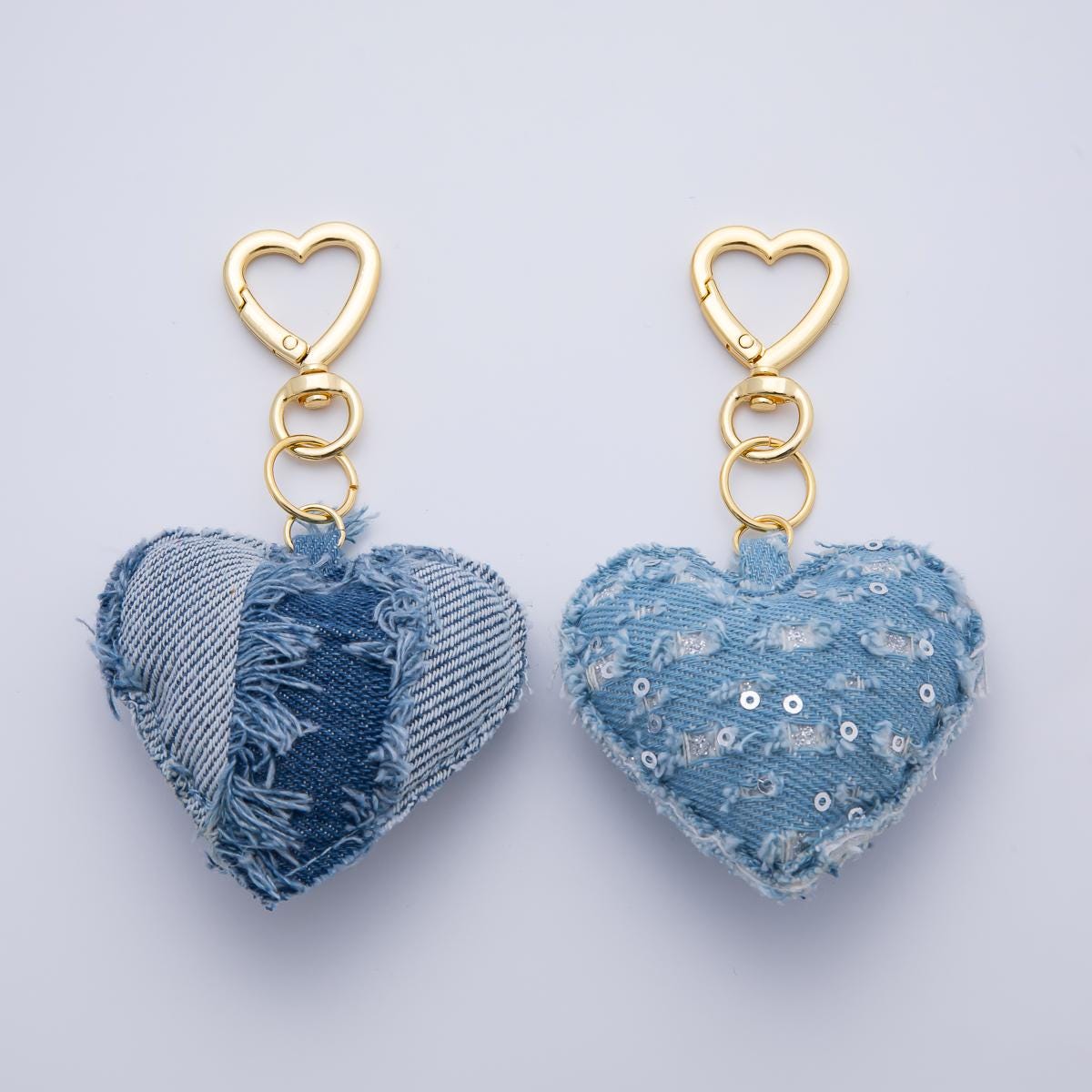 18K Gold Filled Blue Denim Puffy Heart Push Gate King Ring Keychain Accessories | WB-00145 ~ WB-00147