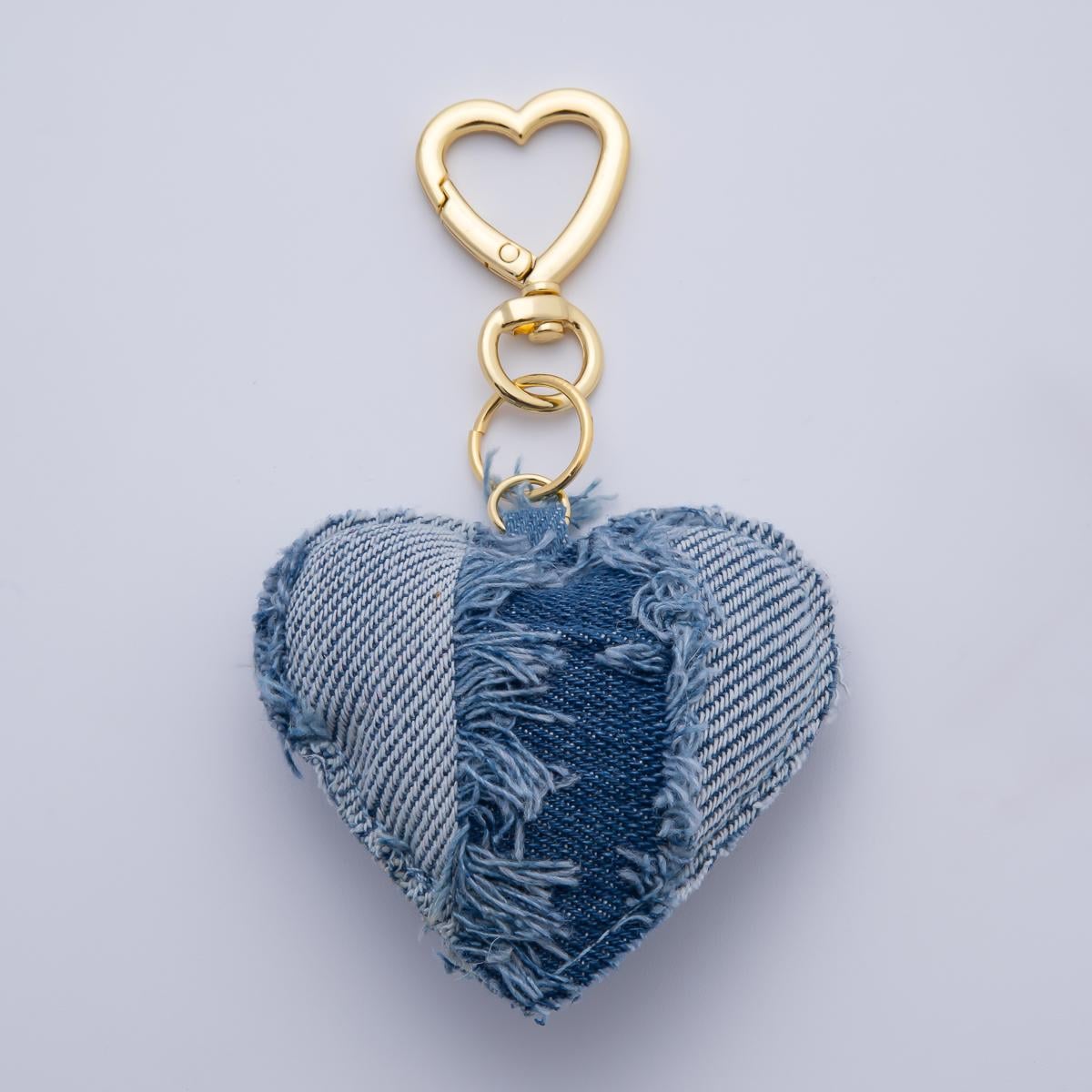 18K Gold Filled Blue Denim Puffy Heart Push Gate King Ring Keychain Accessories | WB-00145 ~ WB-00147