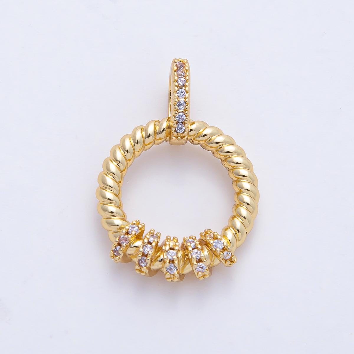 18K Gold Filled 21.8mm Micro Paved CZ Croissant Rondelle Round Pendant Jewelry Making Necklace Bracelet Twisted Circle with Accents | AF1182