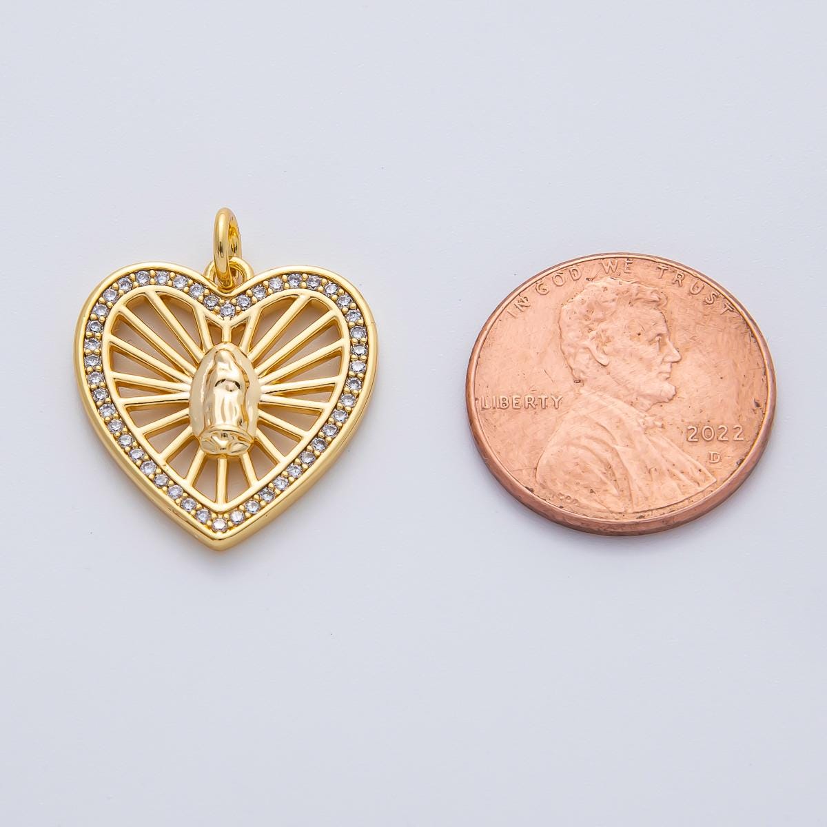 18K Gold Filled 19.6mm Mother Mary Micro Paved CZ Open Bar Heart Charm Religious Necklace Charm Sacred Heart Jewelry Design Supply | AF1466