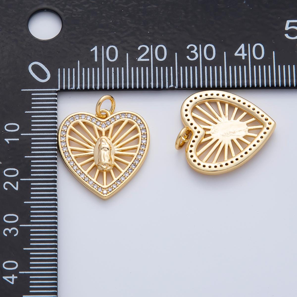 18K Gold Filled 19.6mm Mother Mary Micro Paved CZ Open Bar Heart Charm Religious Necklace Charm Sacred Heart Jewelry Design Supply | AF1466