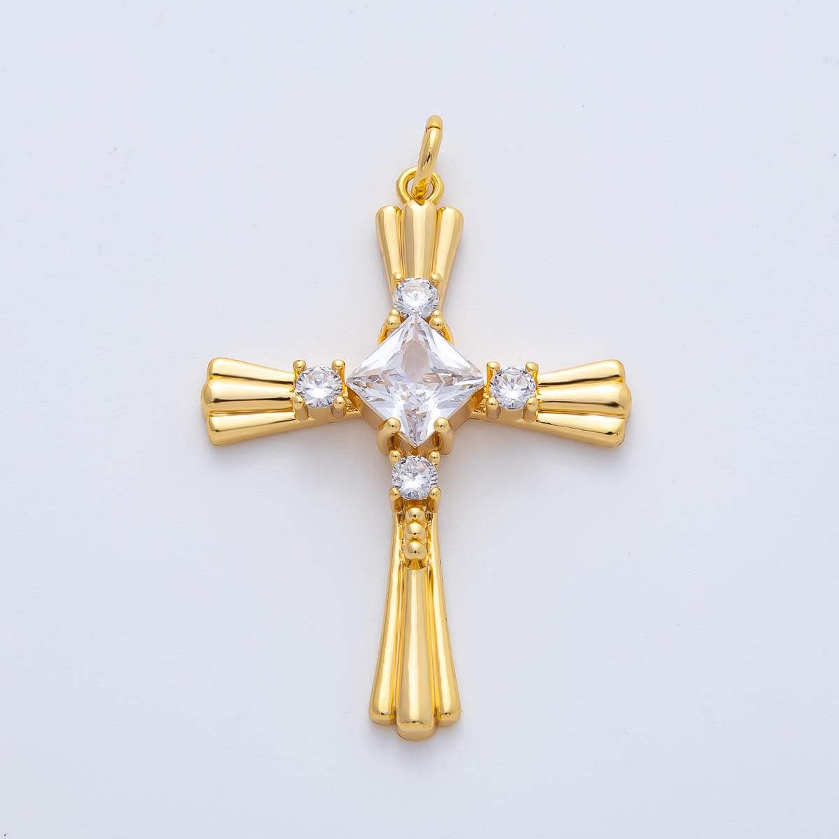 18K Gold Filled 36mm CZ Ribbed Lined Religious Cross Charm Luxury Faith Jewelry Gift for Women and Men DIY Jewelry Making Supply | AF1467