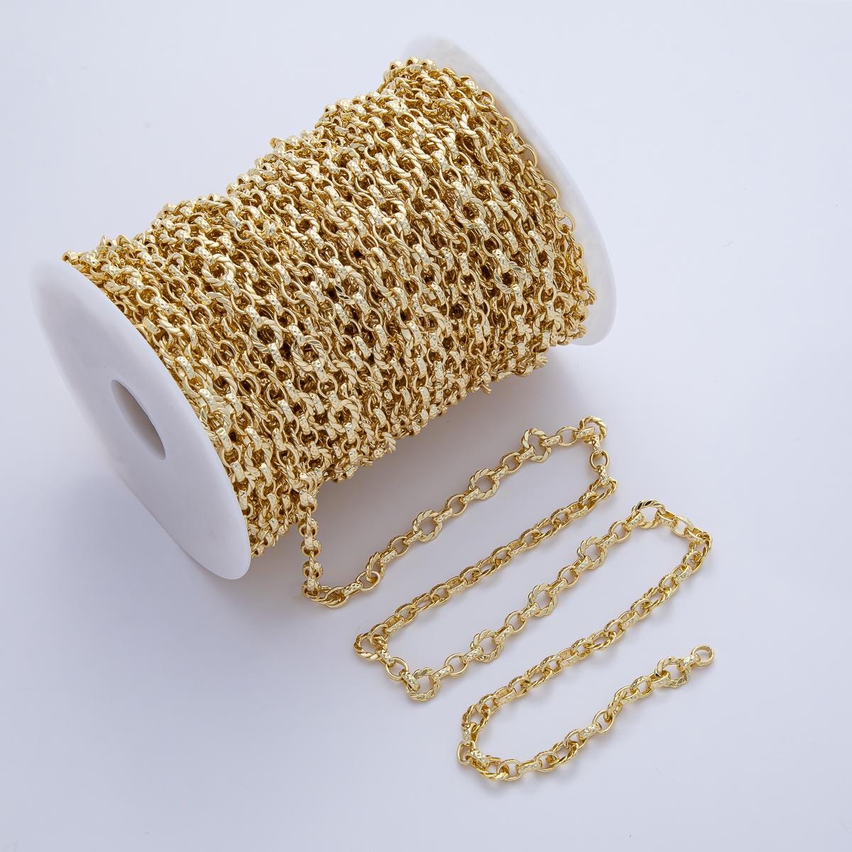 18K Gold Filled 6.7mm Croissant Prism Hammered Cable Link Unfinished Chain by Yard DIY Jewelry Making Supply Bracelet Necklace | Roll-1771