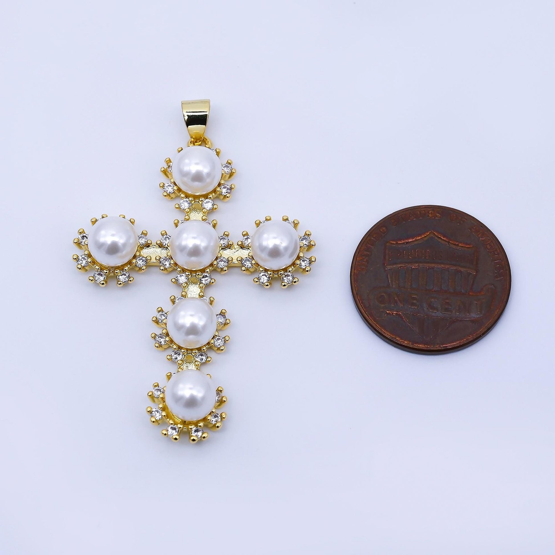 Dainty cross micro paved cz round white pearl religious cross gold pendant for religious jewelry making supply | AA1671