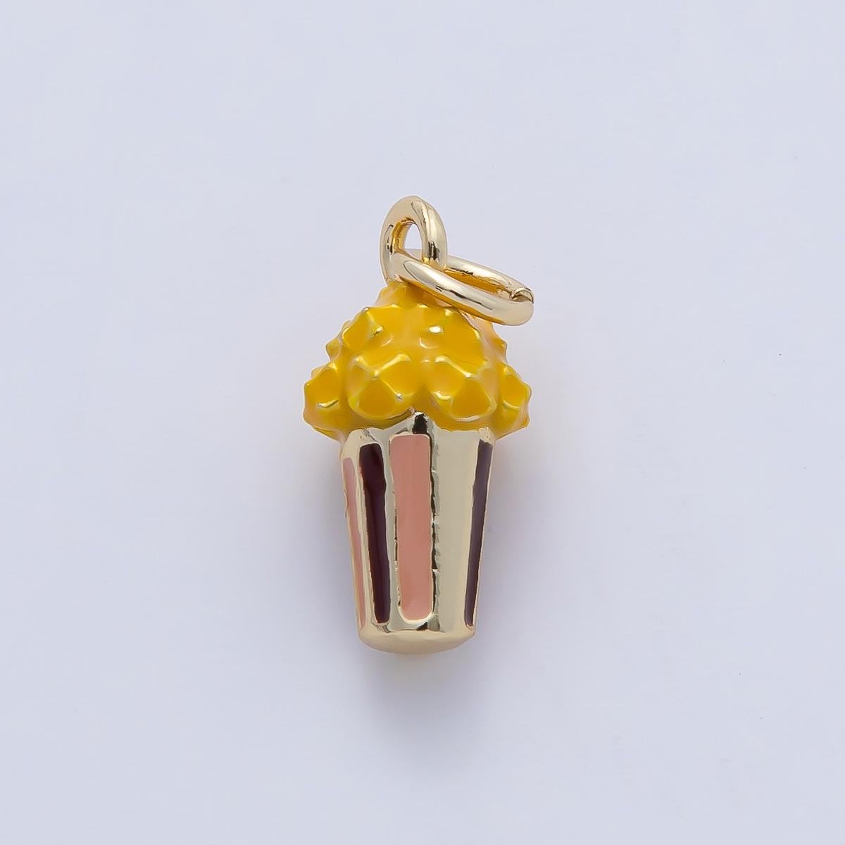 18K Gold Filled Popcorn Snack Enamel Multidimensional 3D Charm Necklace Bracelet Earring DIY Jewelry Making Supply Gold Movie Night | AF1473
