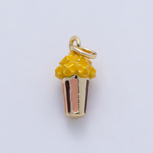 18K Gold Filled Popcorn Snack Enamel Multidimensional 3D Charm Necklace Bracelet Earring DIY Jewelry Making Supply Gold Movie Night | AF1473