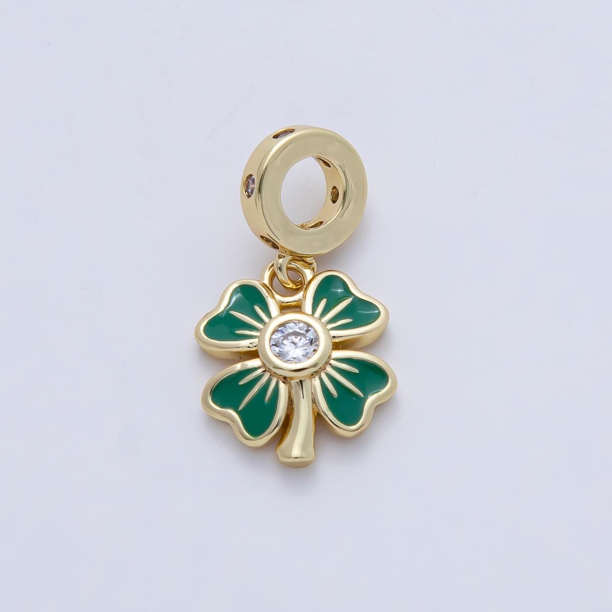 18K Gold Filled Clear CZ Green Enamel Clover Dotted Rondelle Drop Lucky Pendant DIY Dangle Jewelry for Necklace Bracelet Earring | AF1475