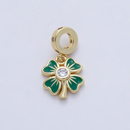 18K Gold Filled Clear CZ Green Enamel Clover Dotted Rondelle Drop Lucky Pendant DIY Dangle Jewelry for Necklace Bracelet Earring | AF1475