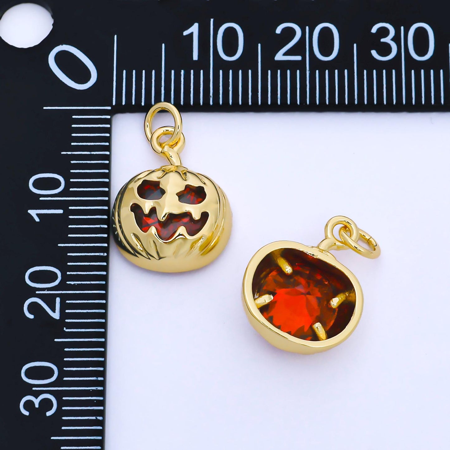 Red Cubic gold filled jack o lantern pumpkin face cz micro pave charm bracelet necklace earring pendant for halloween jewelry making, AF1565