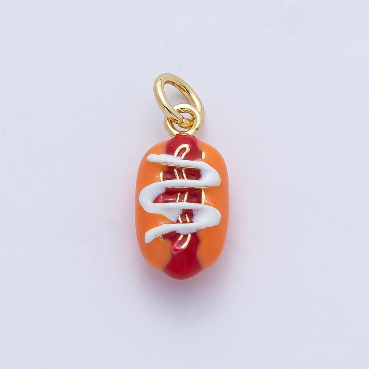18K Gold Filled Hot Dog Enamel 3D Multidimensional Charm Necklace Bracelet Earring DIY Jewelry Making Supply Game Night Snack | AF1476