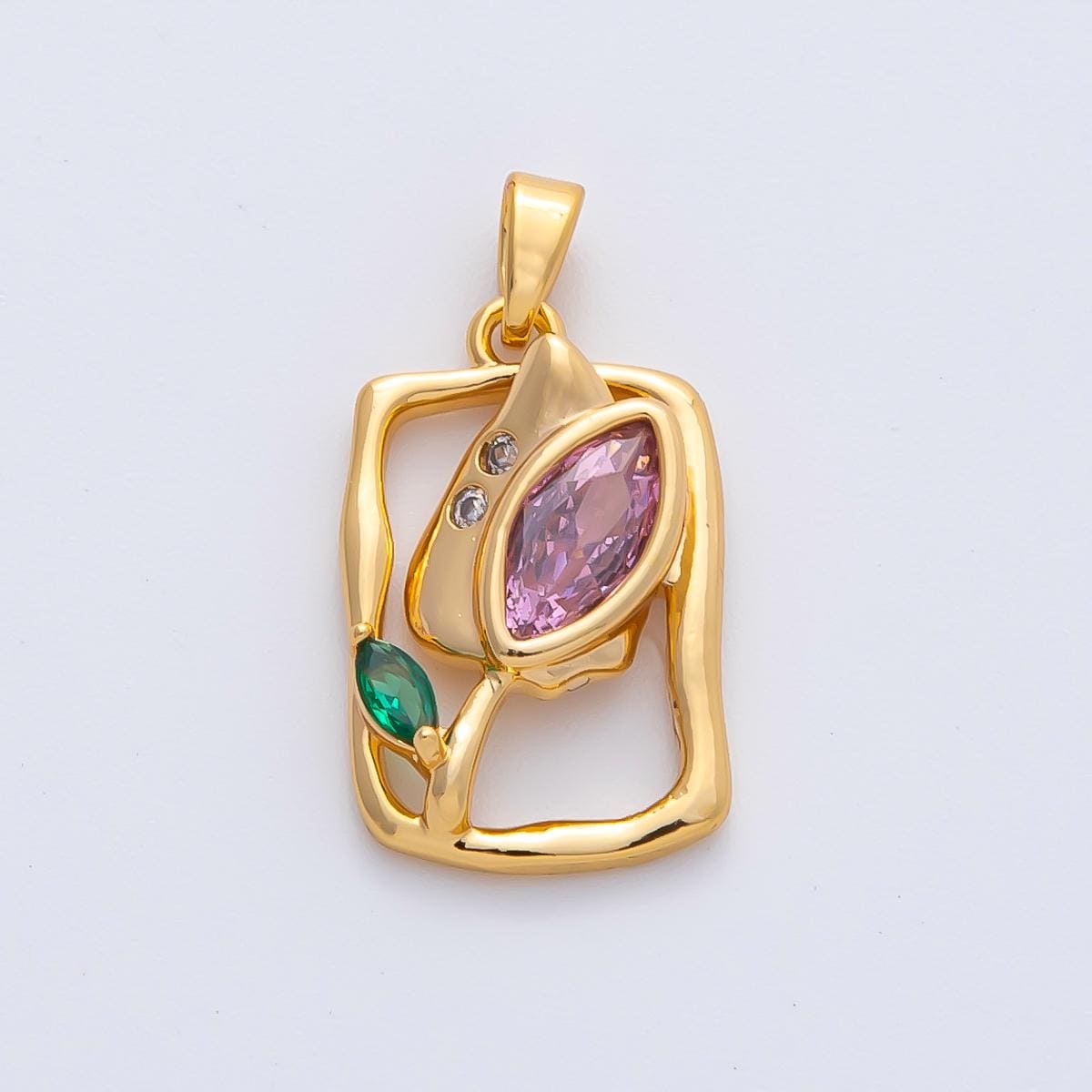 18K Gold Filled Purple CZ Tulip Flower Molten Rectangular Pendant Cubic Zirconia DIY Necklace Pendant for Minimalist Jewelry Supply | AF1186
