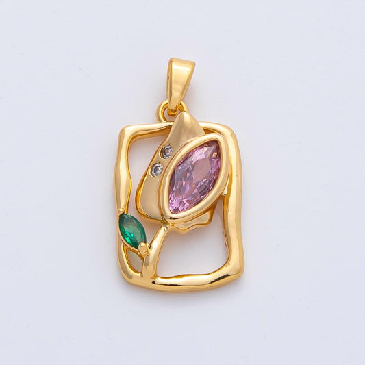 18K Gold Filled Purple CZ Tulip Flower Molten Rectangular Pendant Cubic Zirconia DIY Necklace Pendant for Minimalist Jewelry Supply | AF1186