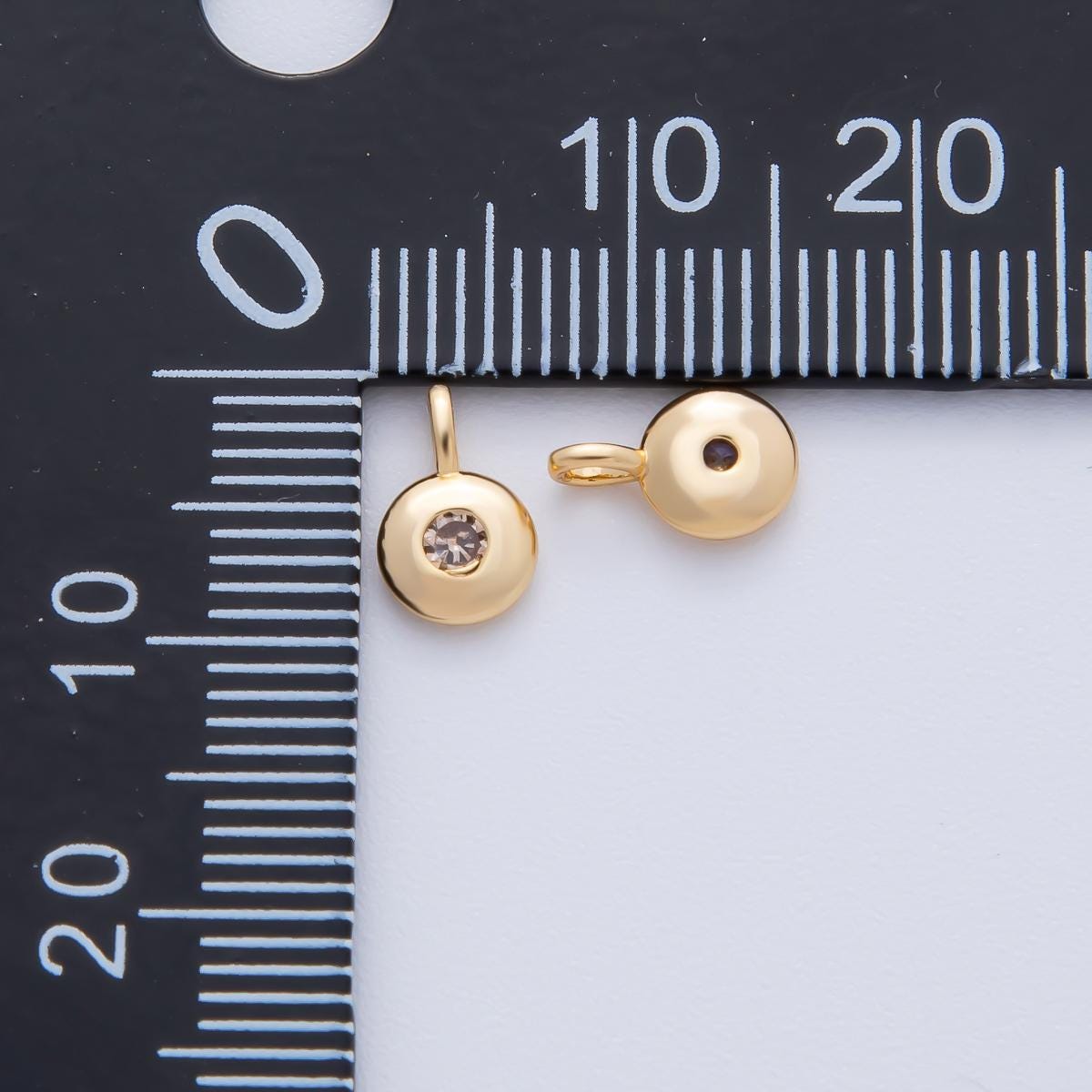 18K Gold Filled 8.5mm Brown, Red, Green CZ Round Accent Dainty Flush Setting Disc Drop Charm | AF1153 ~ AF1158