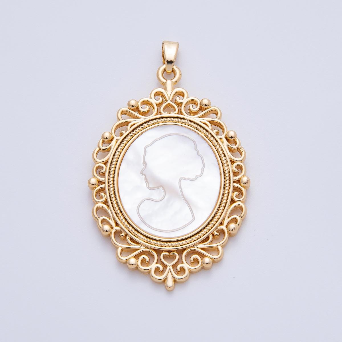 18K Gold Filled 46mm Butterfly Shell Vintage Mirror Lady Silhouette Drop Pendant | AF1144