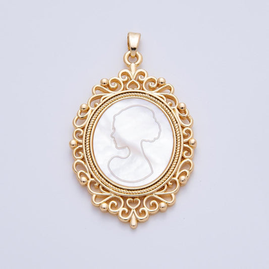 18K Gold Filled 46mm Butterfly Shell Vintage Mirror Lady Silhouette Drop Pendant | AF1144