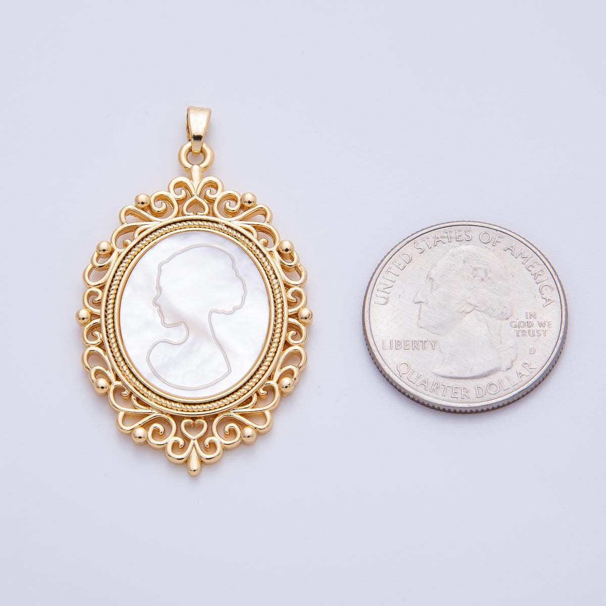 18K Gold Filled 46mm Butterfly Shell Vintage Mirror Lady Silhouette Drop Pendant | AF1144