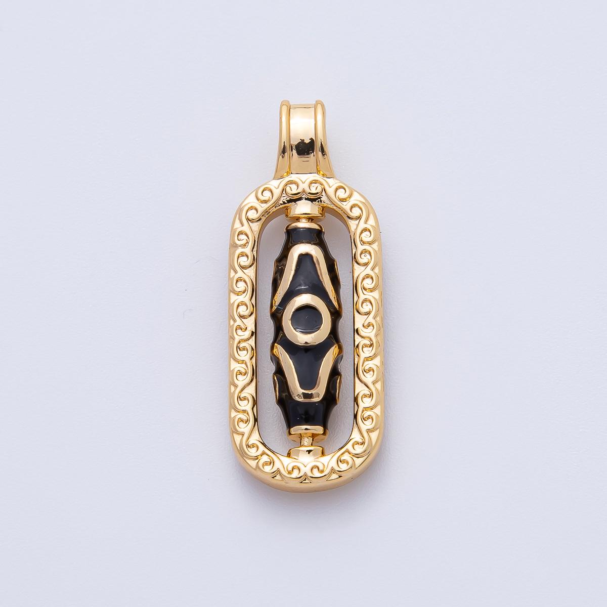 18K Gold Filled 29mm Black Hand-painted Enamel Tibetan Dzi Bead Drop Pendant | AF1145
