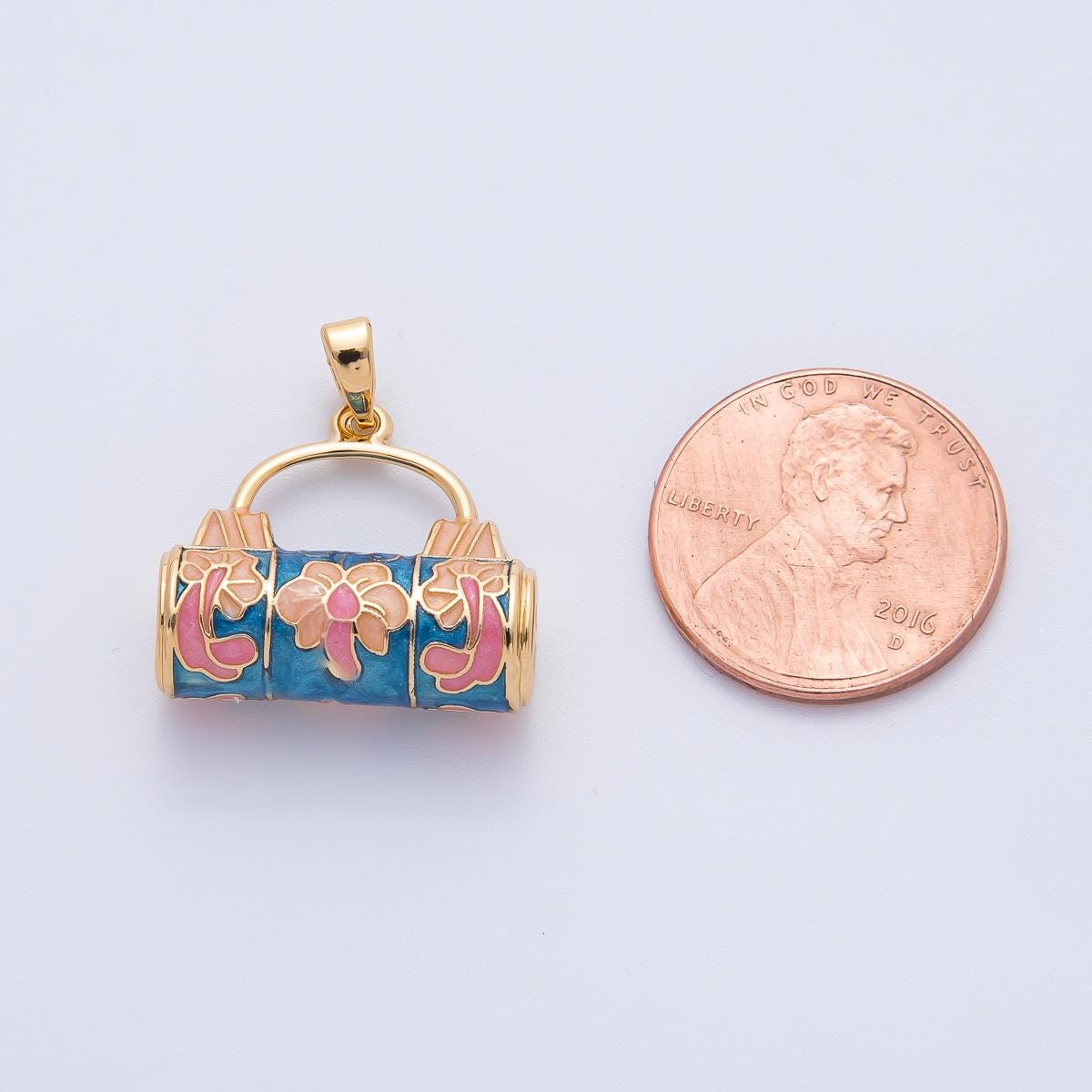 18K Gold Filled 23mm Multicolor Enamel Duffle Picnic Bag Pendant | AF1147