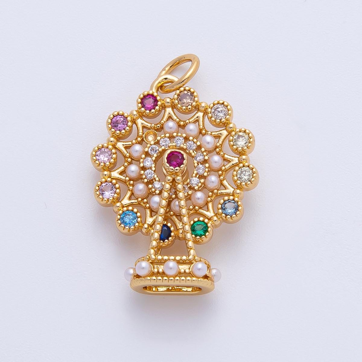 18K Gold Filled 25.5mm Multicolor CZ Shell Pearl Theme Park Ferris Wheel Pendant | AF-1397