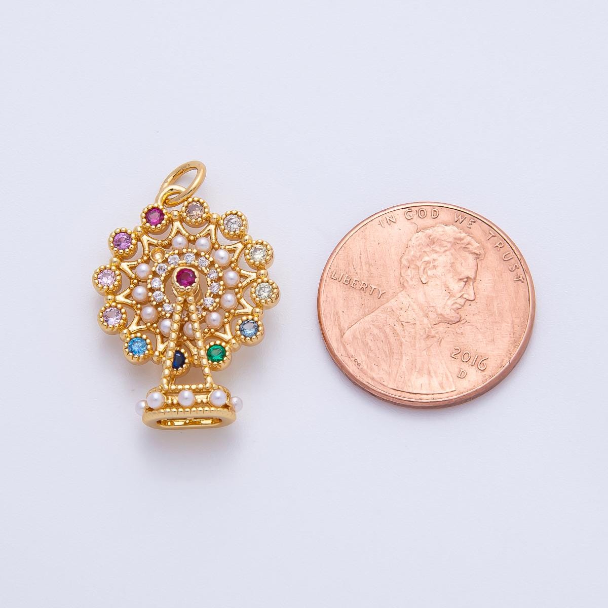 18K Gold Filled 25.5mm Multicolor CZ Shell Pearl Theme Park Ferris Wheel Pendant | AF-1397