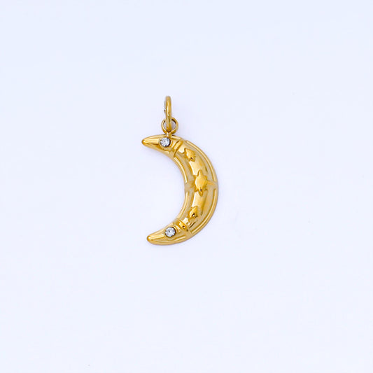 24k Gold CZ Crescent Moon 13.8mm Charm Mini Celestial Pendant with CZ Stars Gold Lunar Jewelry Making Supply Bracelet Necklace | J538