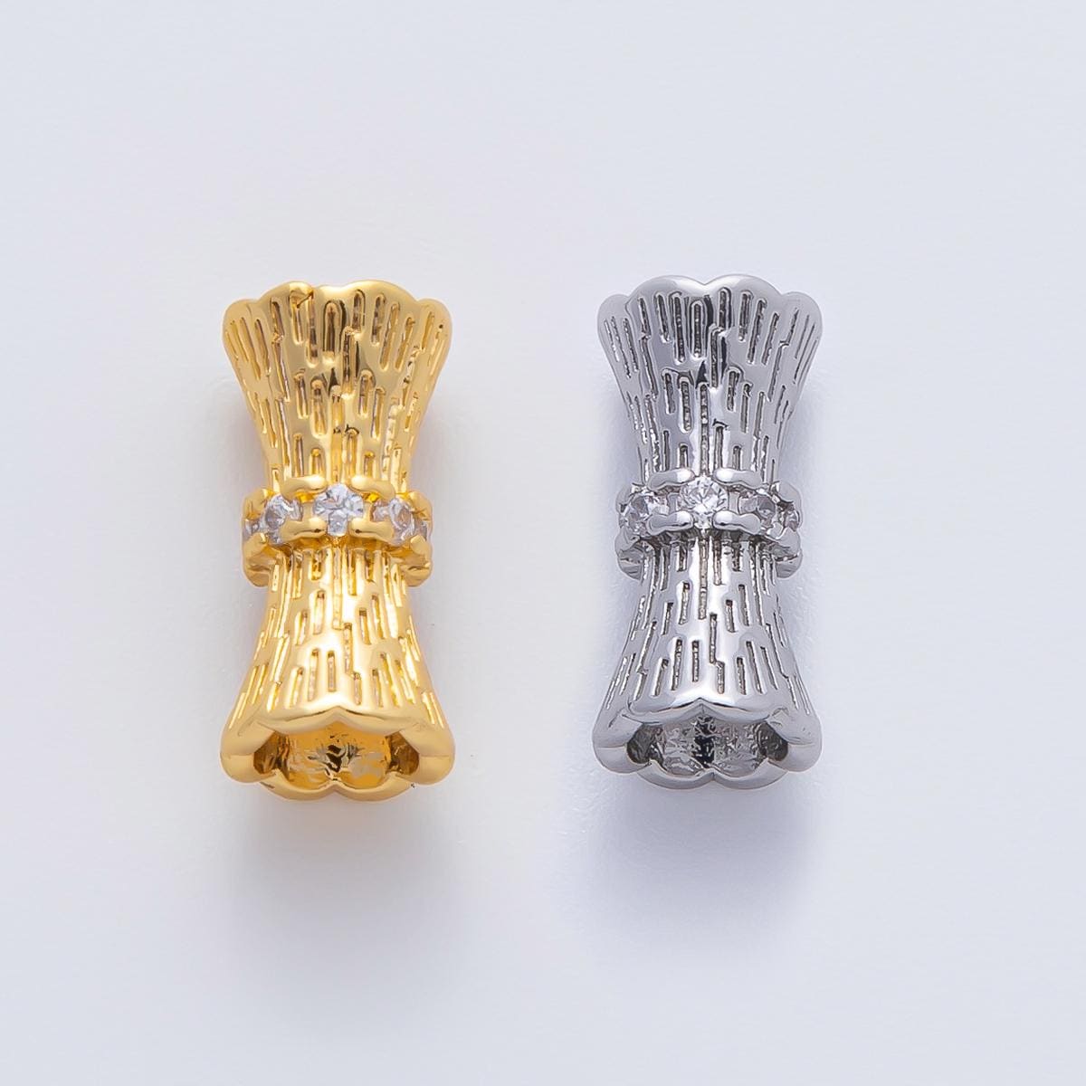 18K Gold Filled 14mm Micro Paved CZ Line-Textured Tube Bead in Gold & Silver | B035