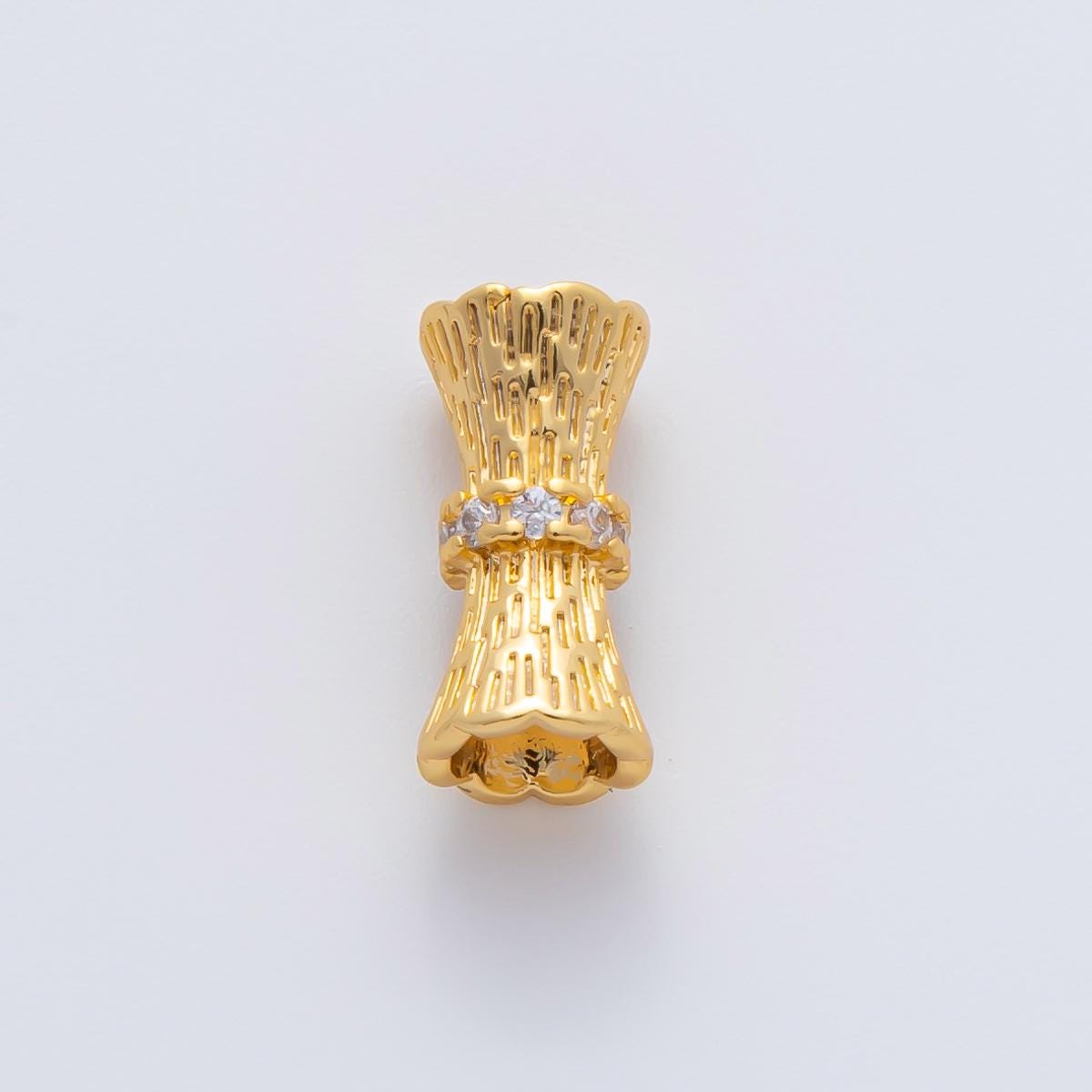 18K Gold Filled 14mm Micro Paved CZ Line-Textured Tube Bead in Gold & Silver | B035