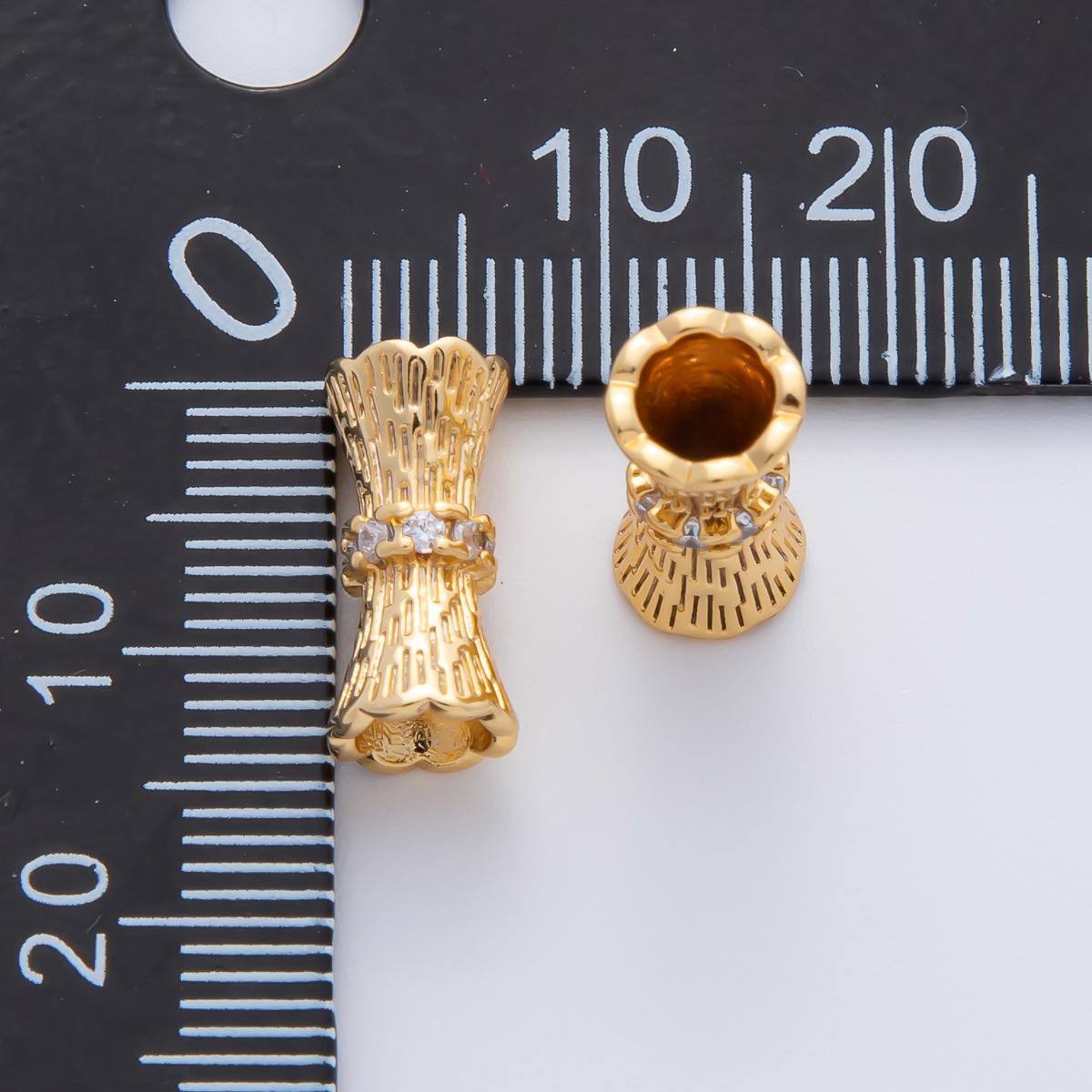 18K Gold Filled 14mm Micro Paved CZ Line-Textured Tube Bead in Gold & Silver | B035