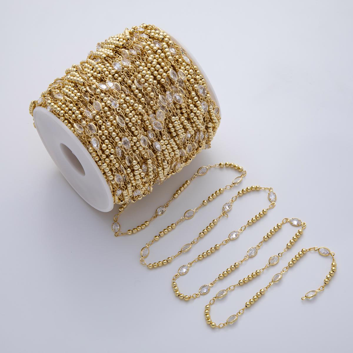 Gold Cubic Zirconia Beaded Chain by the Yard Oval CZ Bezel Chain 24k Gold Filled Rosary Chain for Jewelry Making | ROLL-1776