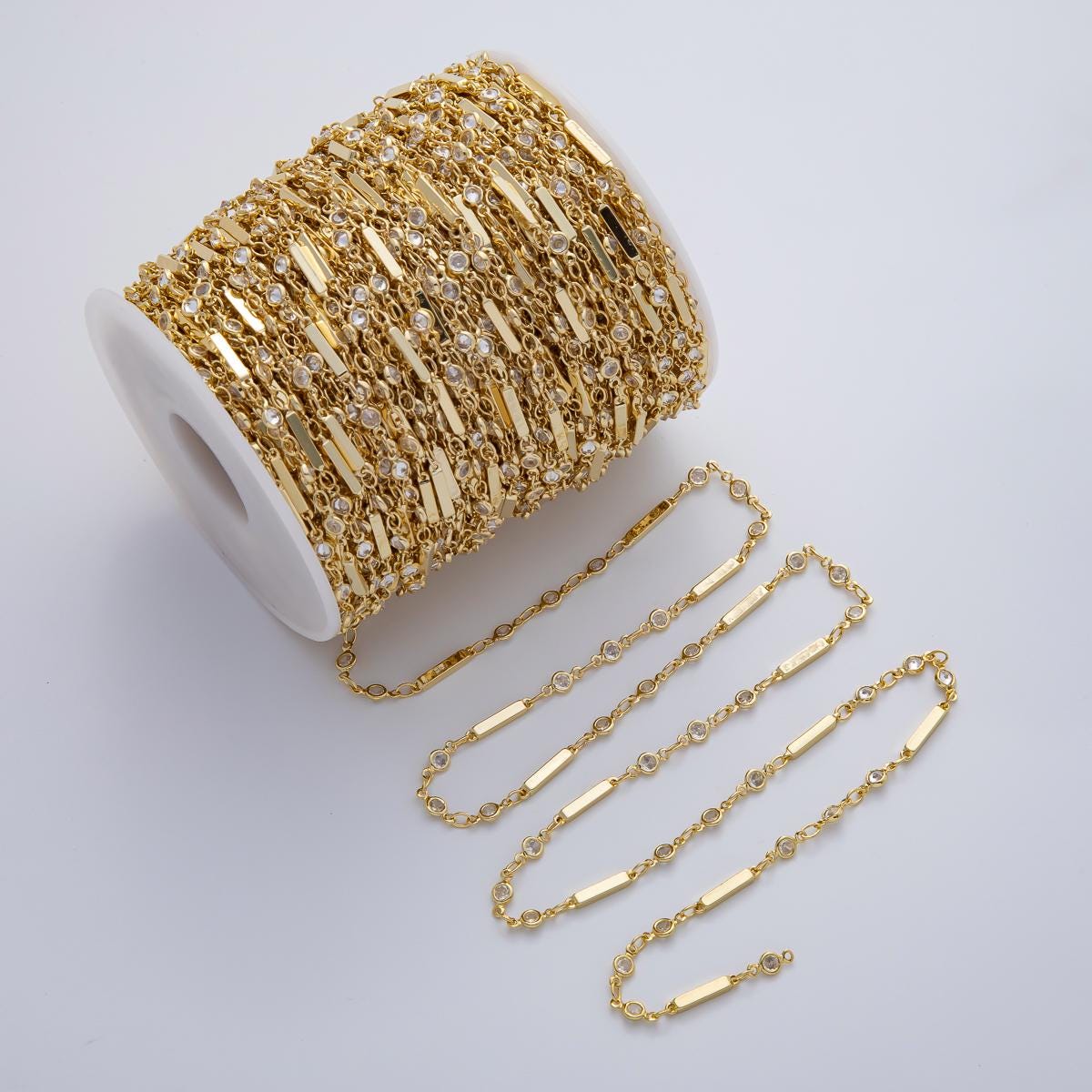 Gold Bar and CZ Bezel Chain by the Yard 24K Gold Filled Jewelry Chain Elegant Bar Link Chain for Necklace Bracelet Making ROLL-1777