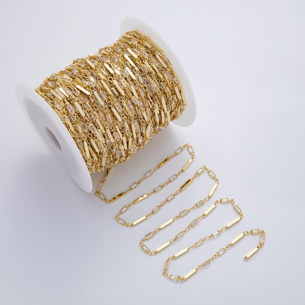 Gold Bar and CZ Bezel Chain by the Yard 24K Gold Filled Jewelry Chain Elegant Bar Link Chain for Necklace Bracelet Making ROLL-1778