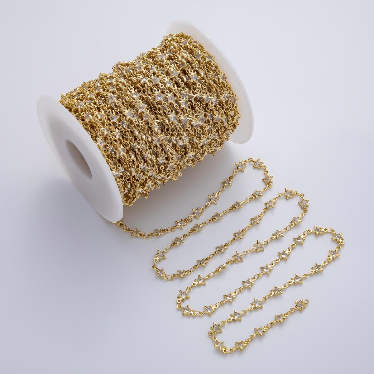 Wholesale Gold CZ Star Chain Roll 24k Gold Filled Star Link Chain Dainty Celestial Jewelry Supply by the Yard | ROLL-1781
